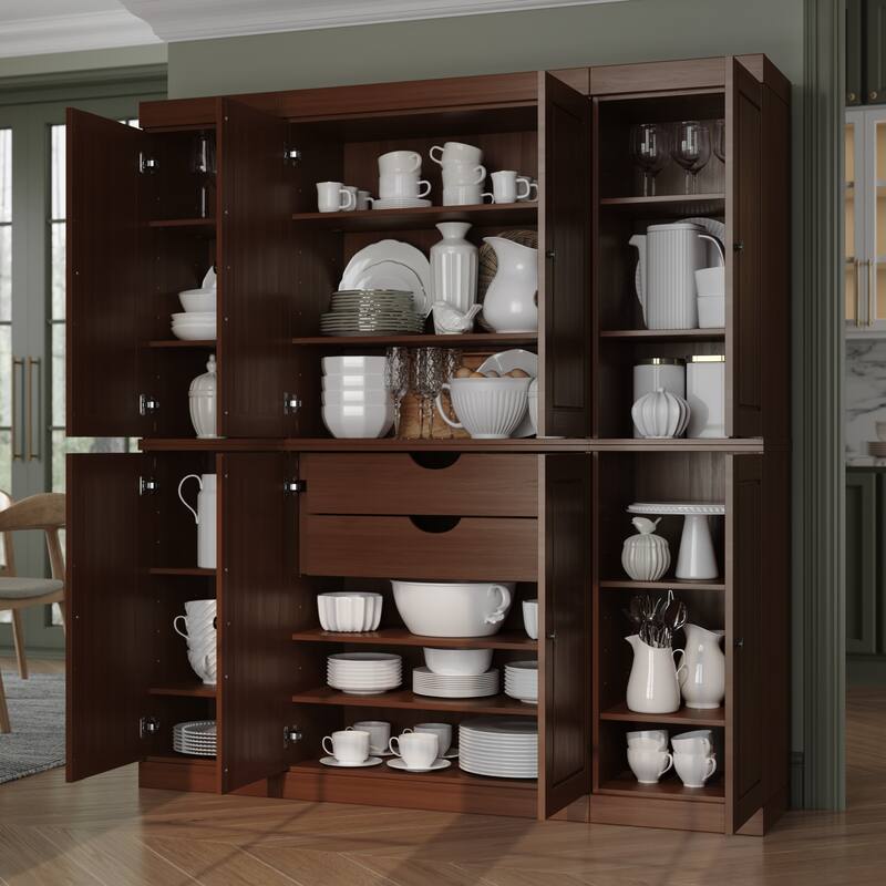 Palace Imports 100% Solid Wood Pantry Cabinet, Raised Panel Doors, 2 Drawers, Adjustable Shelves, 65" Wide, 71.5" Tall - Mocha