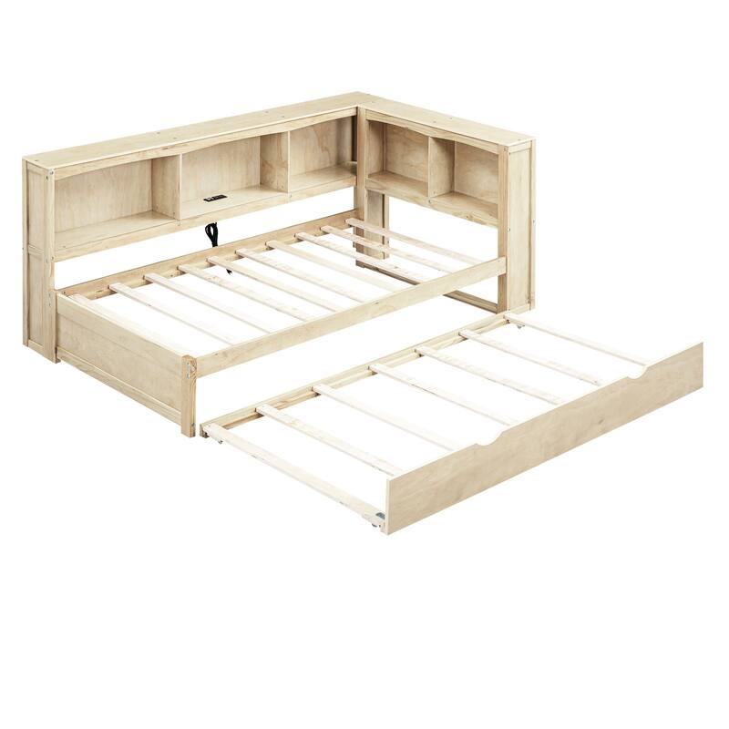 Twin Size Daybed with Trundle, Storage Cabinets, USB Ports, Wood Color