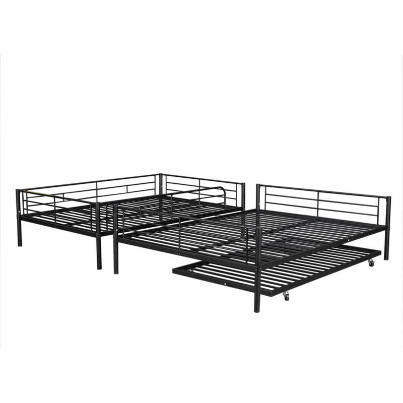 Metal Bunk Bed with Trundle and Guardrail, Convertible to Two Beds