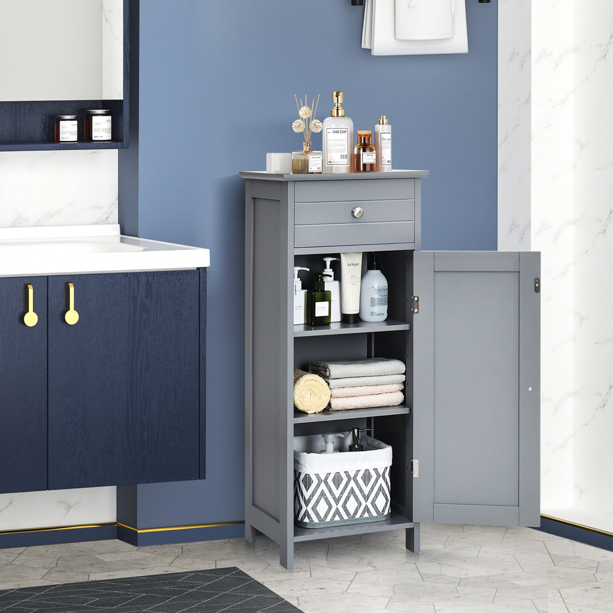 Costway Bathroom Wall Mount Storage Cabinet Single Door w/Height Adjustable  Shelf Grey