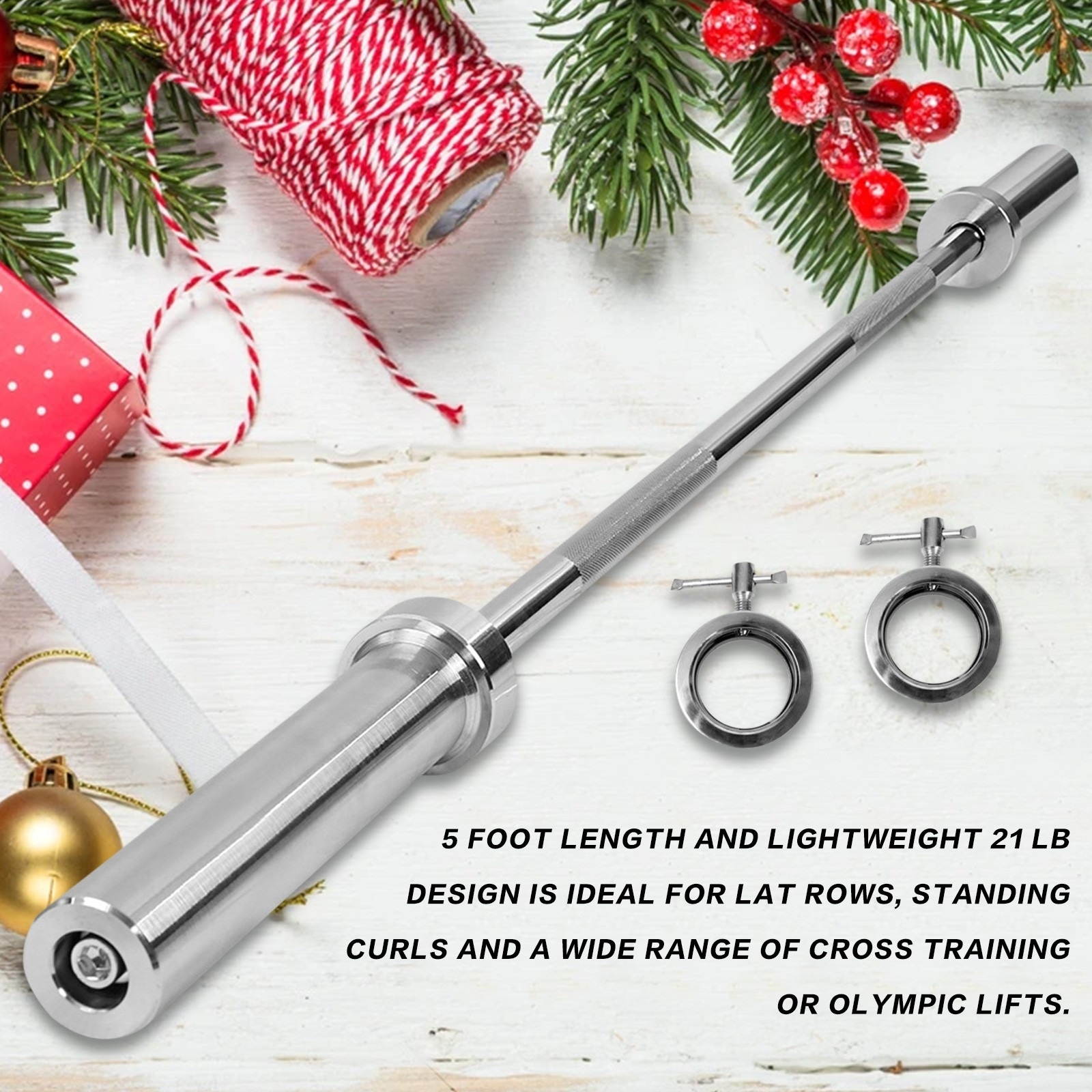 Gifts for Christmas Barbell 5-Foot Barbell 176LB Capacity, 2 Inch  Weightlifting Barbell, Weights Lifting Power Lifting (Silver) 