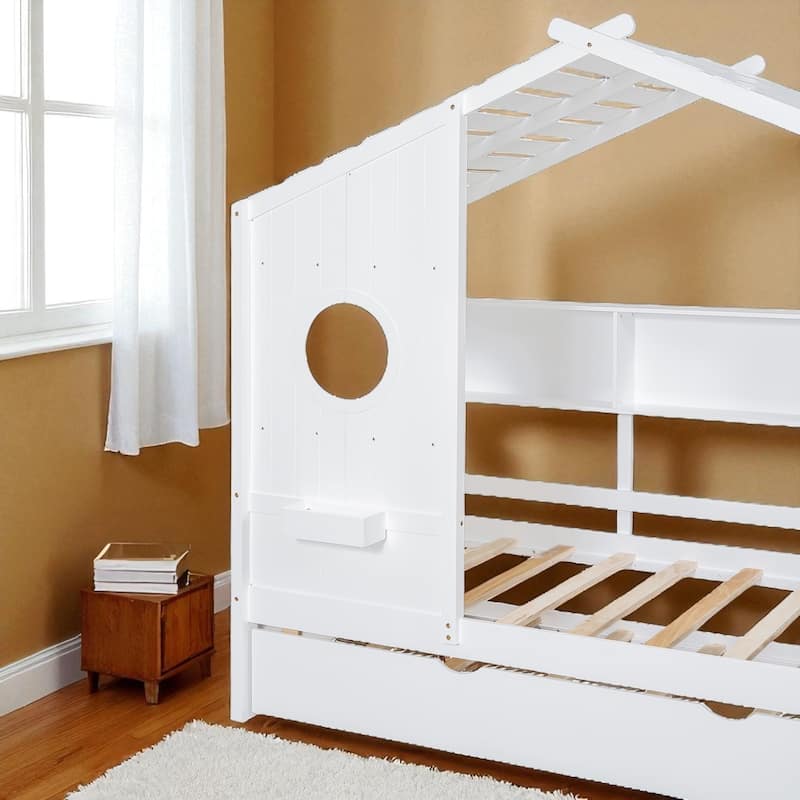 Wooden Twin/Full Size House Bed with Trundle, Storage Shelf & Roof Design - Kids Modern Playhouse Bed Frame