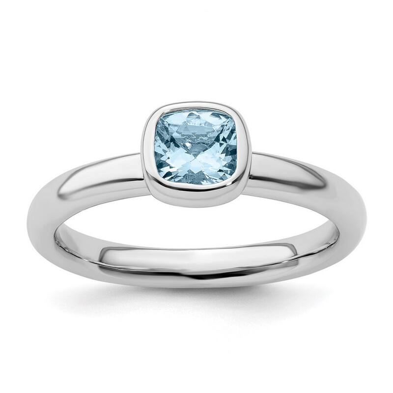 Curata 925 Sterling Silver Bezel Polished Stackable Expressions Cushion Cut Aquamarine Ring