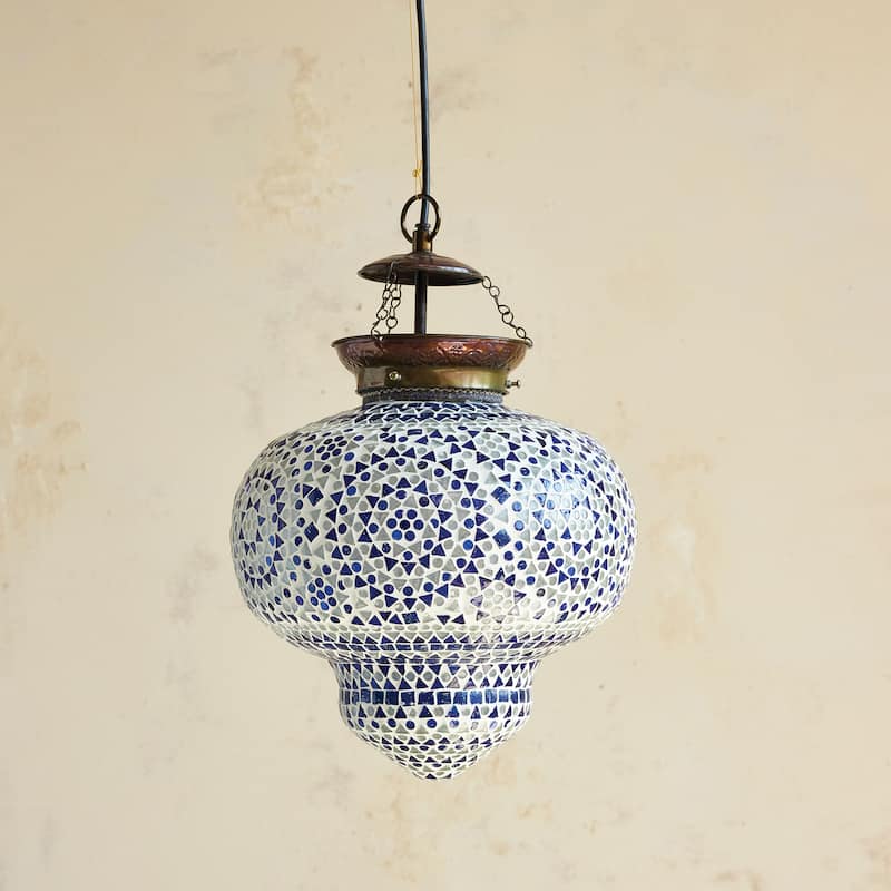 Glass Mosaic and Metal Pendant Lamp, Copper Finish, White and Blue - 12.0"L x 12.0"W x 14.0"H