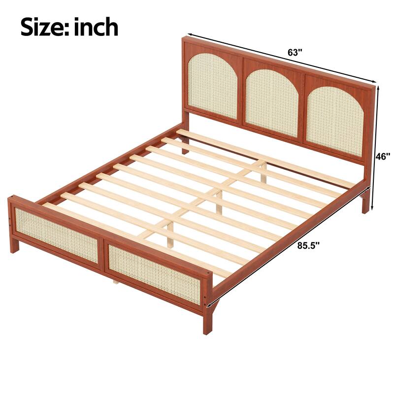Rattan Low Profile Bed Wood Platform Bed Frame with Rattan Headboard and Footboard, Wood Slat Support, No Box Spring Needed