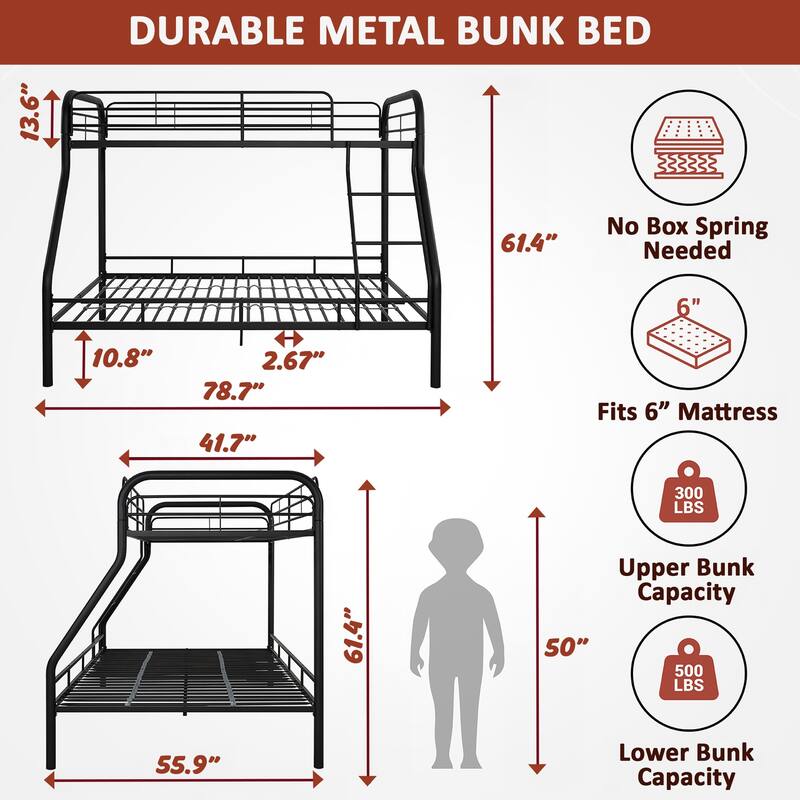 Twin Over Full Metal Bunk Bed - Heavy-Duty Bunk Bed Frame with Safety Guardrails, Angled Ladder & Underbed Storage