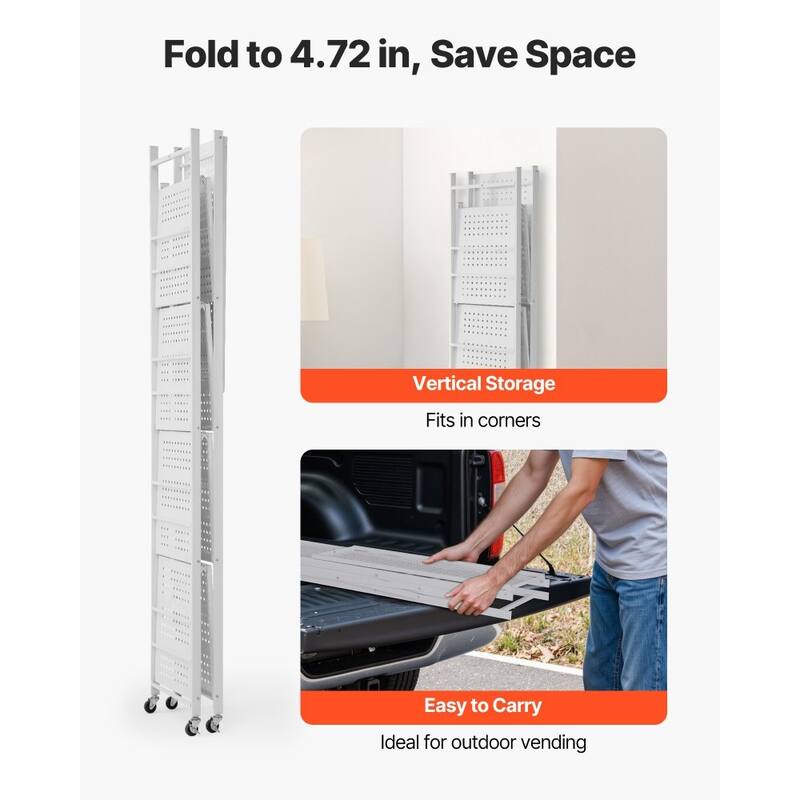 White Carbon Steel Folding Garage Storage Shelf with Wheels and 750 lbs Capacity - 14 x 32 x 72 in