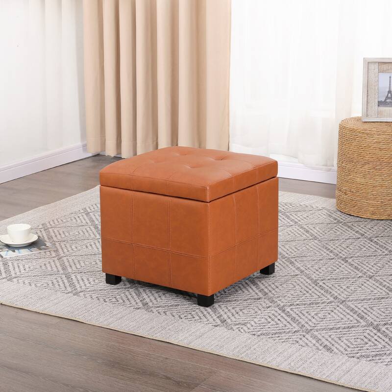Adeco Square Tufted Storage Ottoman with Hidden Space - Orange-Brown