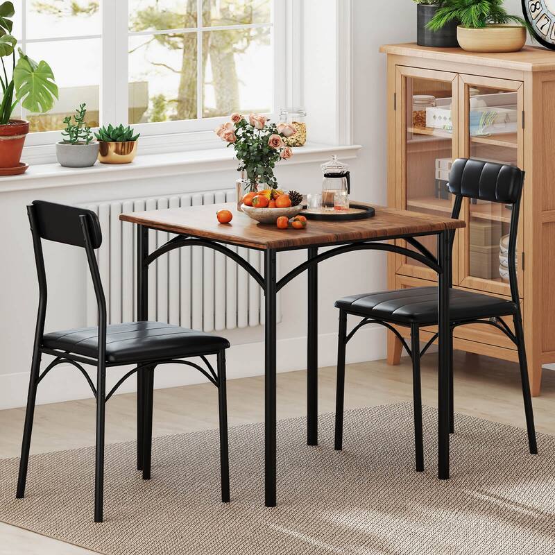 Costway 3 PCS Dining Table Set with Upholstered Seats Padded Backrests - See Details - Black + Rustic Brown