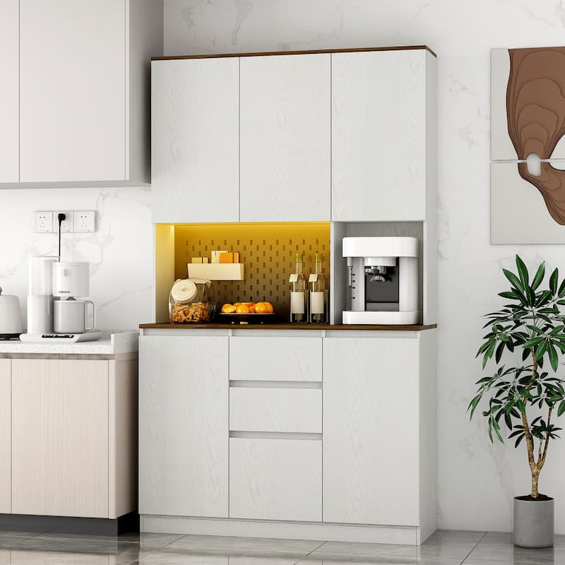 Freestanding Buffet Cupboard with Charging Station, LED Lights and Microwave Stand