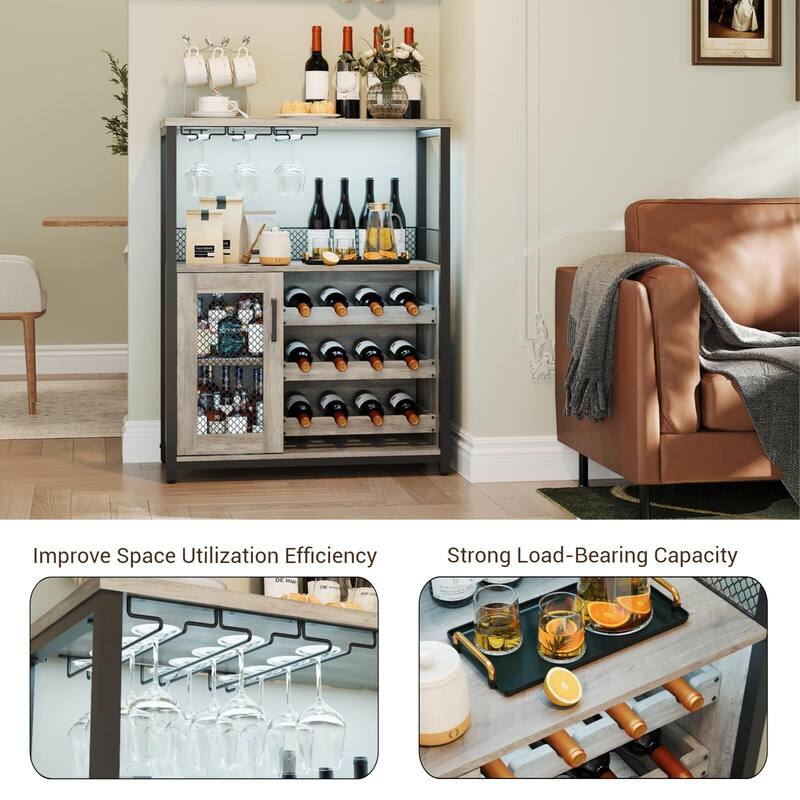 3-Tier Wine Bar Cabinet with Storage, Wine Rack & Glass Holder, Small Liquor Cabinet for Home, Black Corner Storage with Shelves