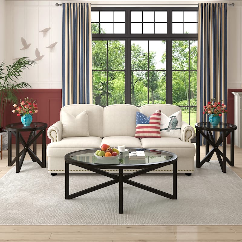 Modern simple glass coffee table, tempered glass coffee table solid wood base round transparent glass top