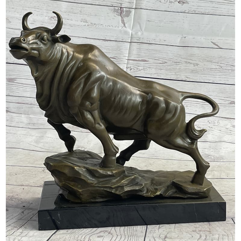 Upward Facing Imitative Bull Bronze Sculpture Statue Marble Base Original Art 12 Inches X 16 Inches