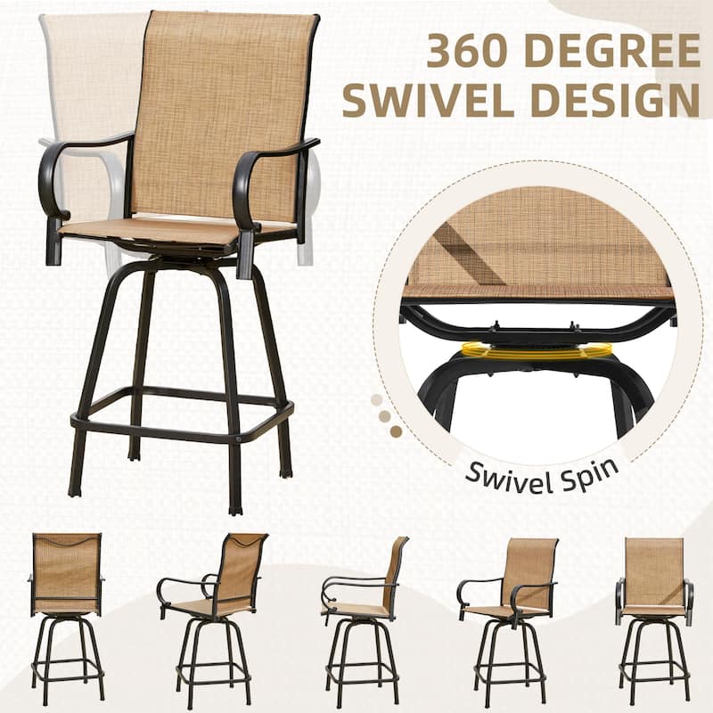 EROMMY Outdoor Swivel Bar Stools Set of 2, 360 Degree Patio Bar Height Chairs with High Back and Textilene Fabric for Garden.