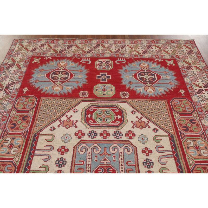 Hand Knotted Oriental 100% Wool Carpet Traditional Geometric Red Kazak Area Rug - 9' 7'' X 6' 4''
