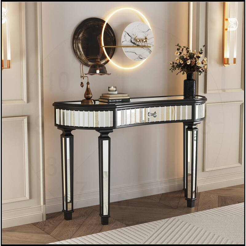 47" Half-Moon Mirrored Console Table with Fluted Glass - Black/Sliver