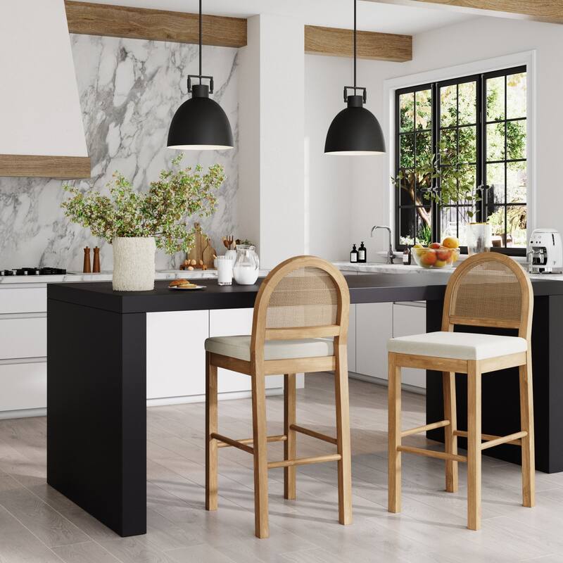 Bailey Boucle Upholstered Rattan Bar Stool or Counter Height Stool with Natural Rattan Woven Back For Kitchen Island