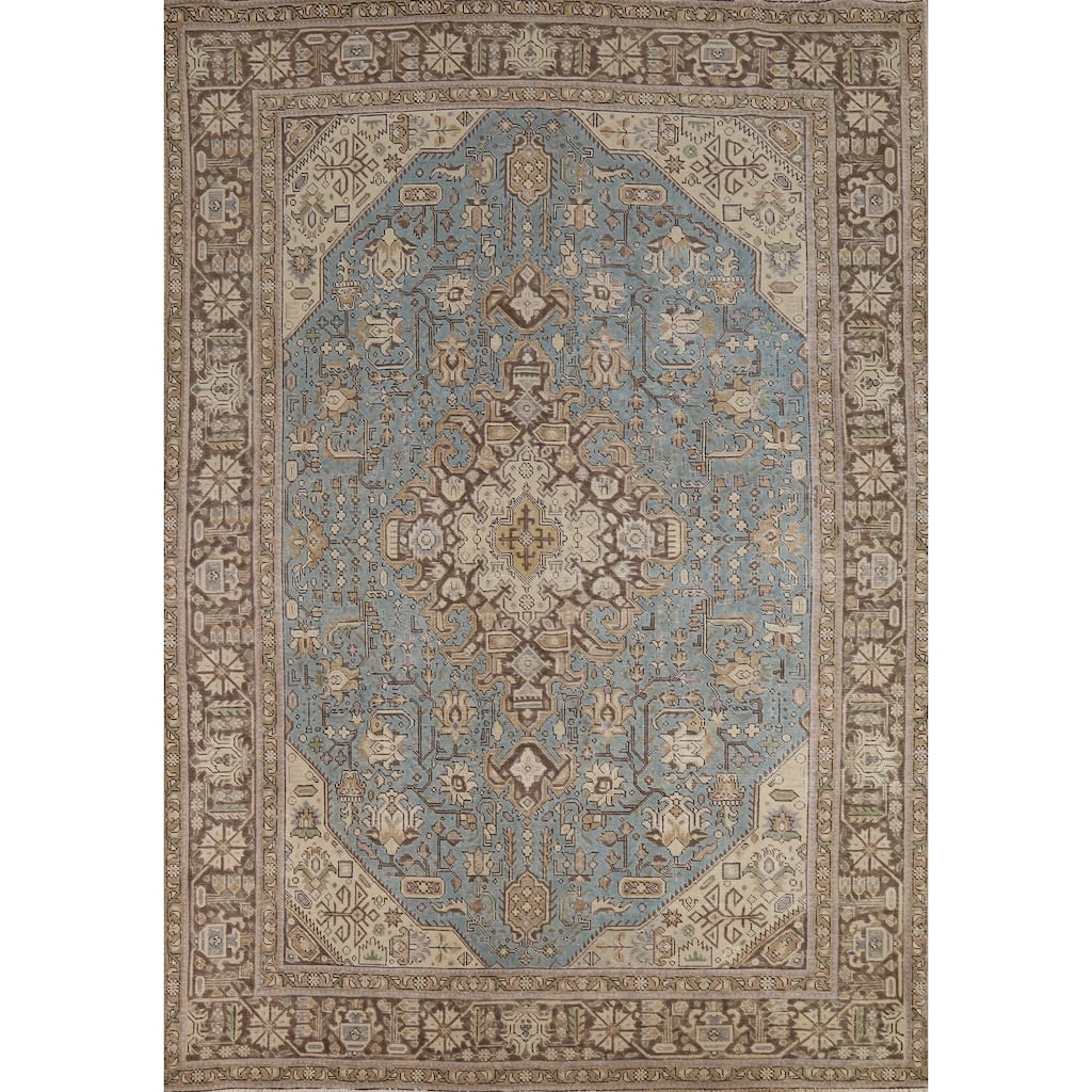 Hand Knotted Oriental 100% Wool Carpet Traditional Medallion Navy Blue & Blues Tabriz Area Rug - 9' 5'' X 6' 7''
