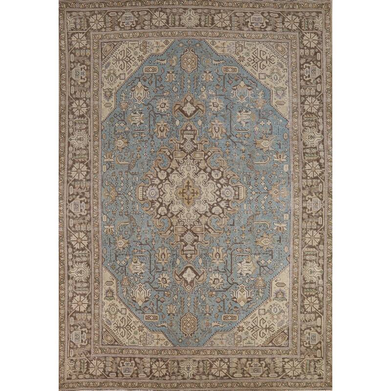 Hand Knotted Oriental 100% Wool Carpet Traditional Medallion Navy Blue & Blues Tabriz Area Rug - 9' 5'' X 6' 7''