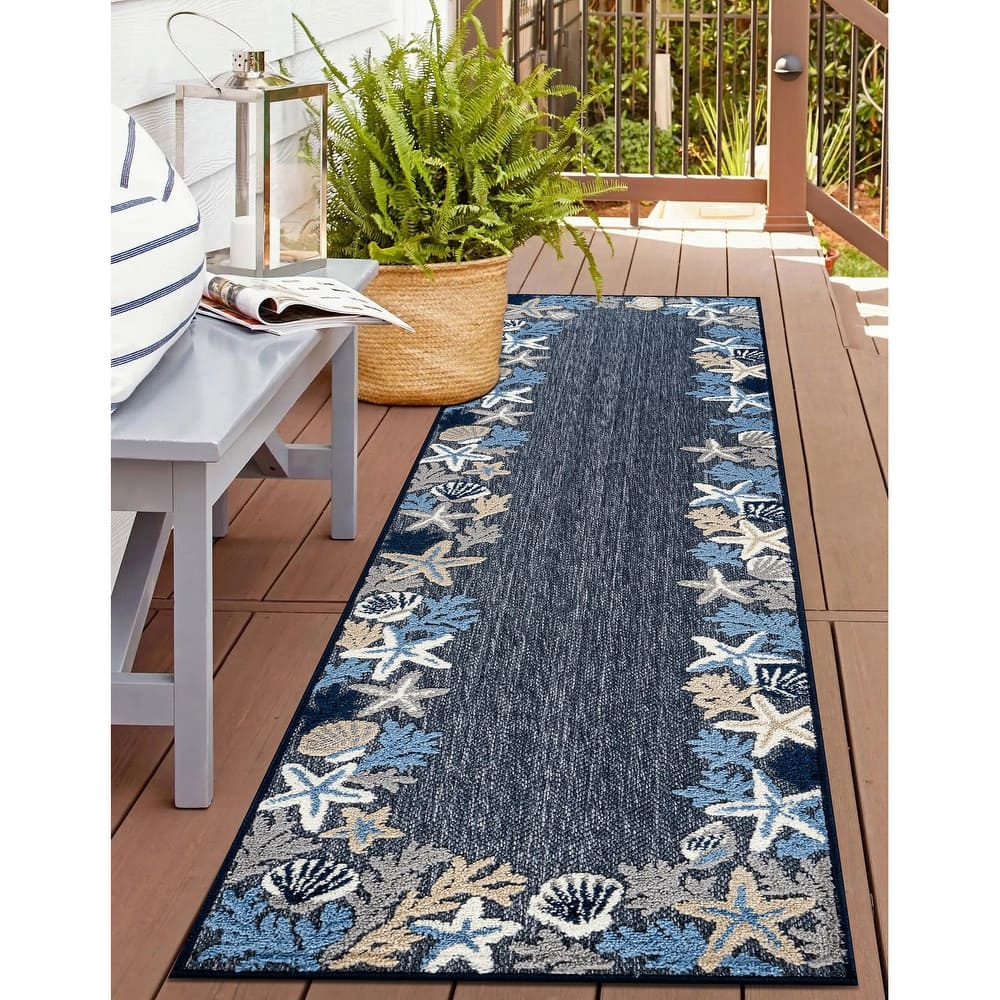 World Rug Gallery Indoor/Outdoor High-Low Textured Area Rug, Coastal Border Easy-Clean Patio Rug