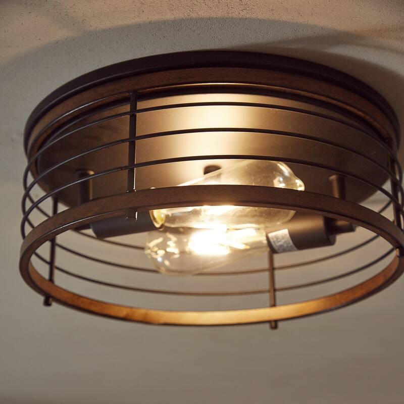 2 Light 13" Caged Drum Farmhouse Flush Mount - 13"x5.85"