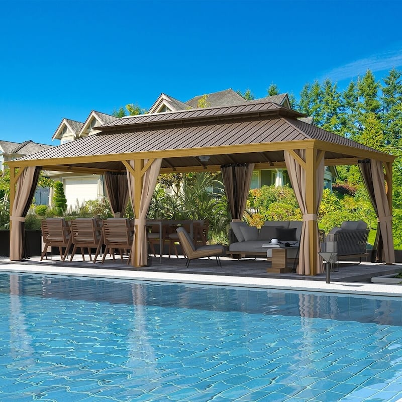 Outdoor Hardtop Gazebo, Wooden Finish Coated Aluminum Frame w Galvanized Steel Double Roof with Premium Curtains and Netting