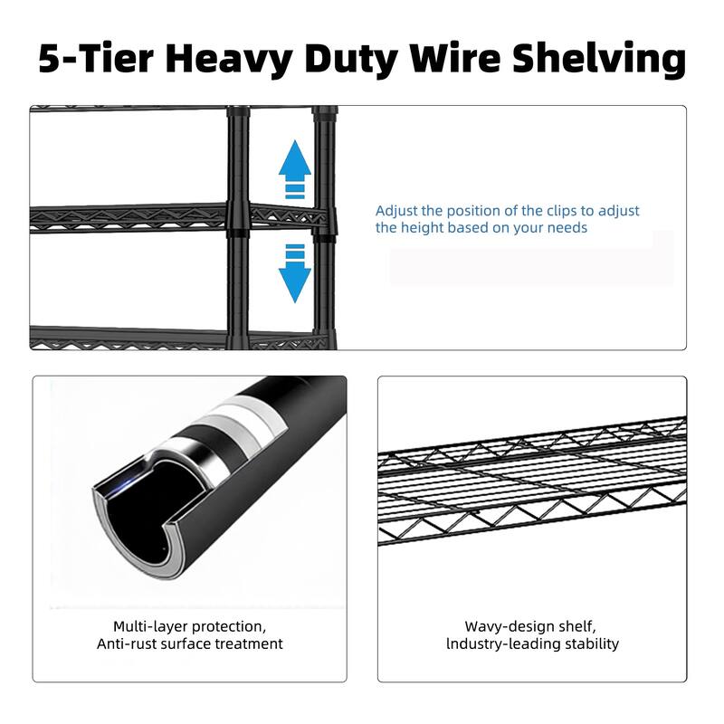 1250 lbs Steel Heavy Duty 5-Tier Utility Shelving Unit Steel Organizer Wire Rack for Home, Kitchen, Office