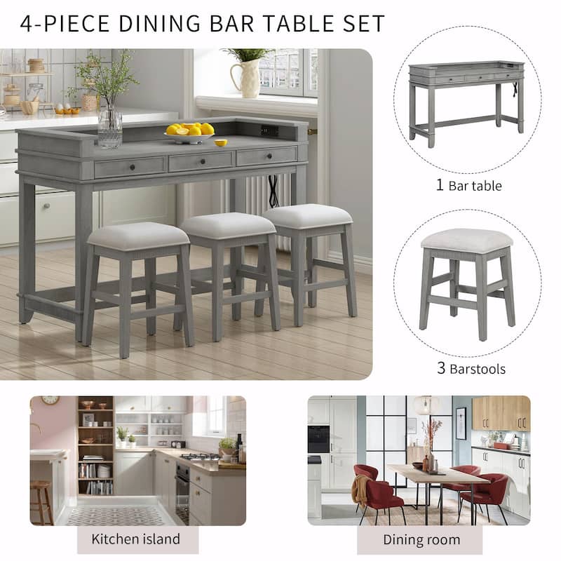 4-Piece Dining Table Set for 3 - Retro Kitchen Table with 3 Storage Drawers and Matching Chairs