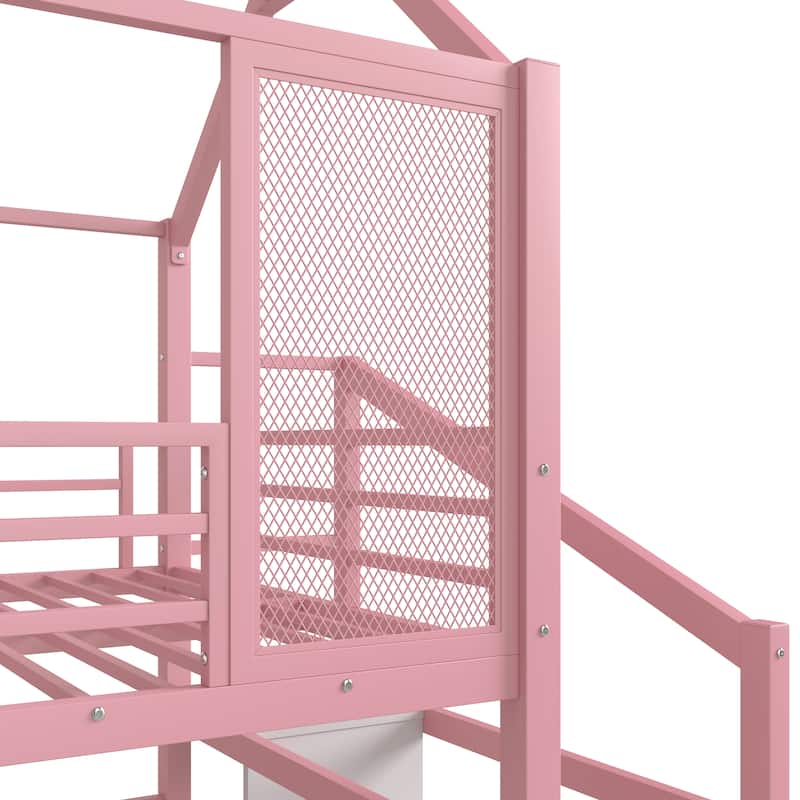 Fun Play House-shaped Loft Bed Metal Bed Frame with Grid and Shelves