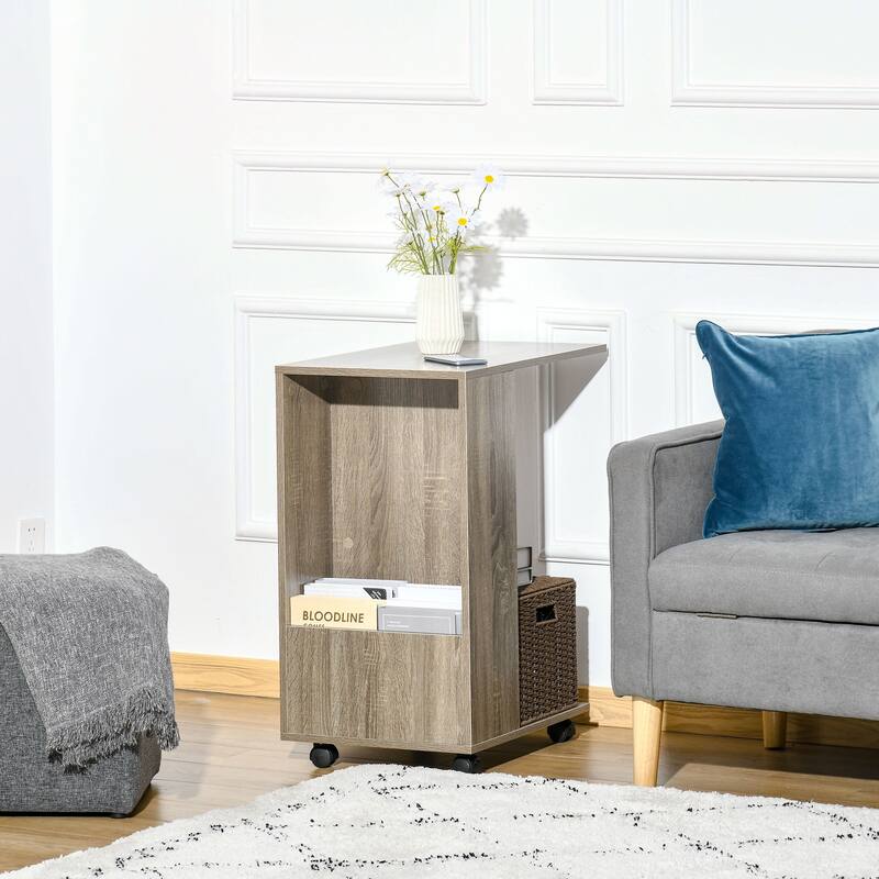 HOMCOM C-Shaped Sofa Side Table Mobile End Table with Storage and Wheels for Living Room, Bedroom, Office