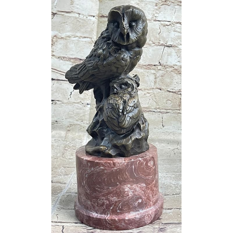 Bronze Sculpture Statue Of Two Owls Birds On A Red Marble Base Signed Milo
