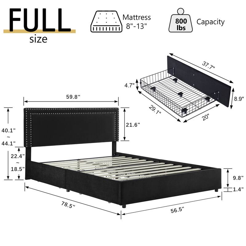 VECELO Upholstered Storage Bed Frames with 4 Storage Drawers, Platform Bed Frame with Adjustable Velvet Rivets Headboard