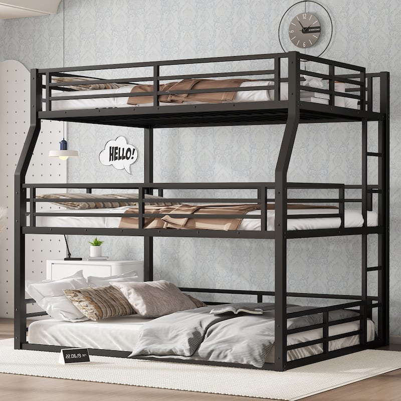 Roomfitters Full over Queen over Queen Metal Triple Bunk Bed with Safety Guardrails, Heavy-Duty Noise-Reduced Frame, Black - Black - Full