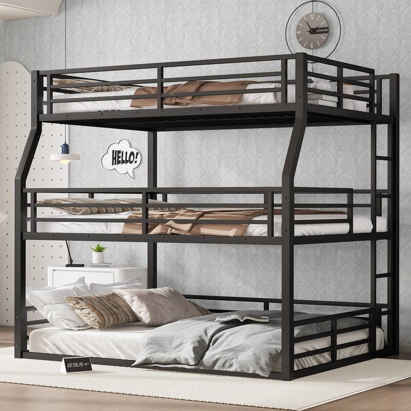 Space-Saving Metal Triple Bunk Bed with Safety Guardrails, Full/Full XL over Queen over Queen, Heavy-Duty Black Frame - Black
