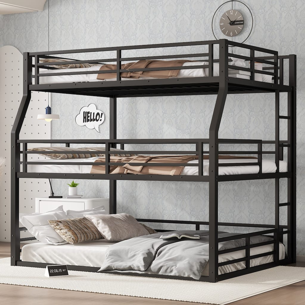 Space-Saving Metal Triple Bunk Bed with Safety Guardrails, Full/Full XL over Queen over Queen, Heavy-Duty Black Frame