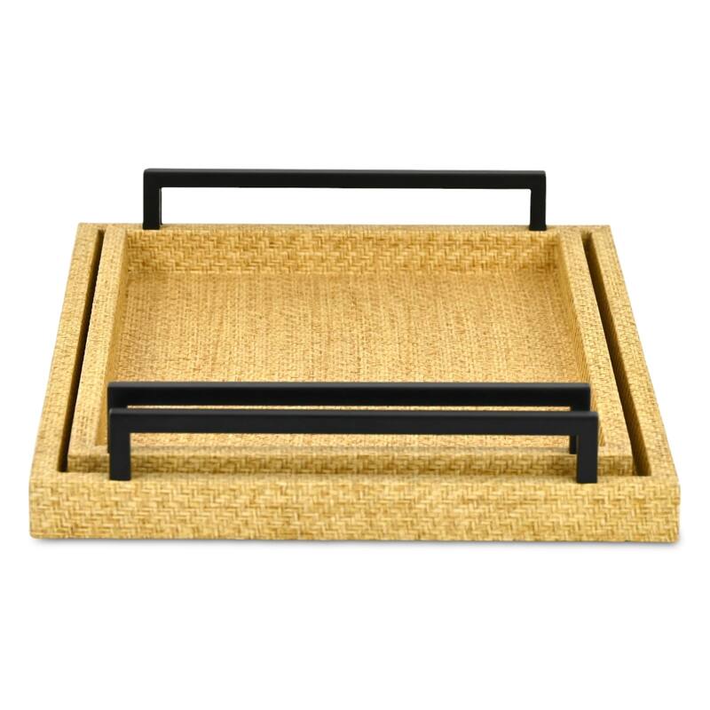 Ferelith Set of 2 Rectangular Decorative Serving Trays - Light Brown Wicker Rattan Pattern for Display, and Organization