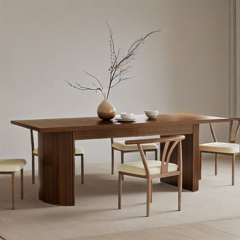 Rectangular Dining Table for 6 People Brown E1 Wood Table with Dual Pedestal Base and Fence Inspired Detailing