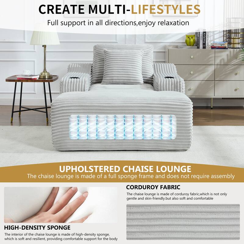 Roomfitters 67" Oversized Chaise Lounge, Corduroy Boneless Sleeper Sofa with Integrated Cup Holders
