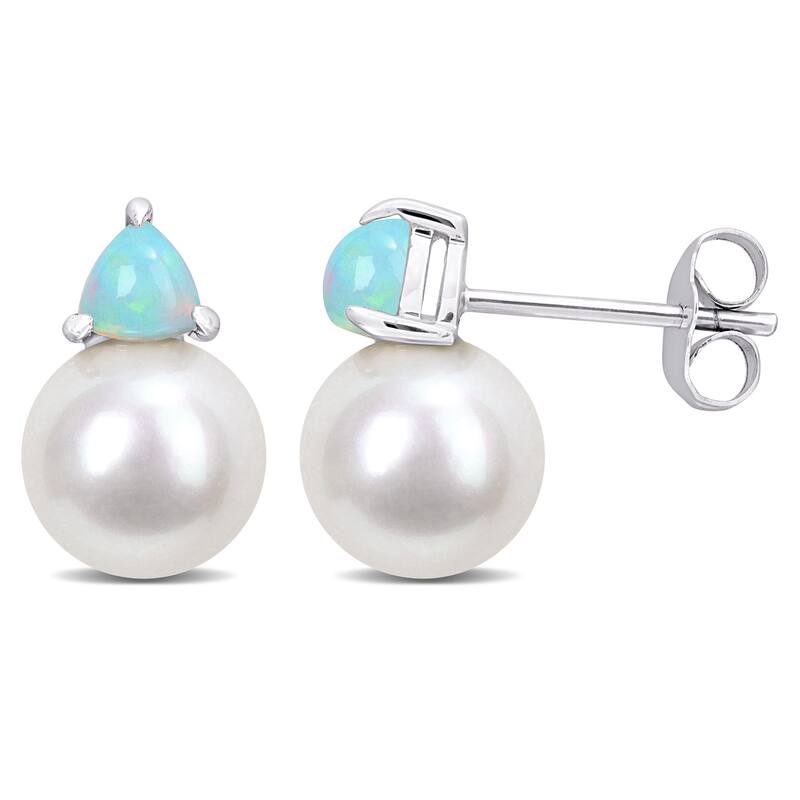 Miadora 8-8.5mm Cultured Freshwater Pearl and 3/4ct TGW Ethiopian Opal Stud Earrings in 10k White Gold - 13 mm x 8.3 mm x 8.3 mm
