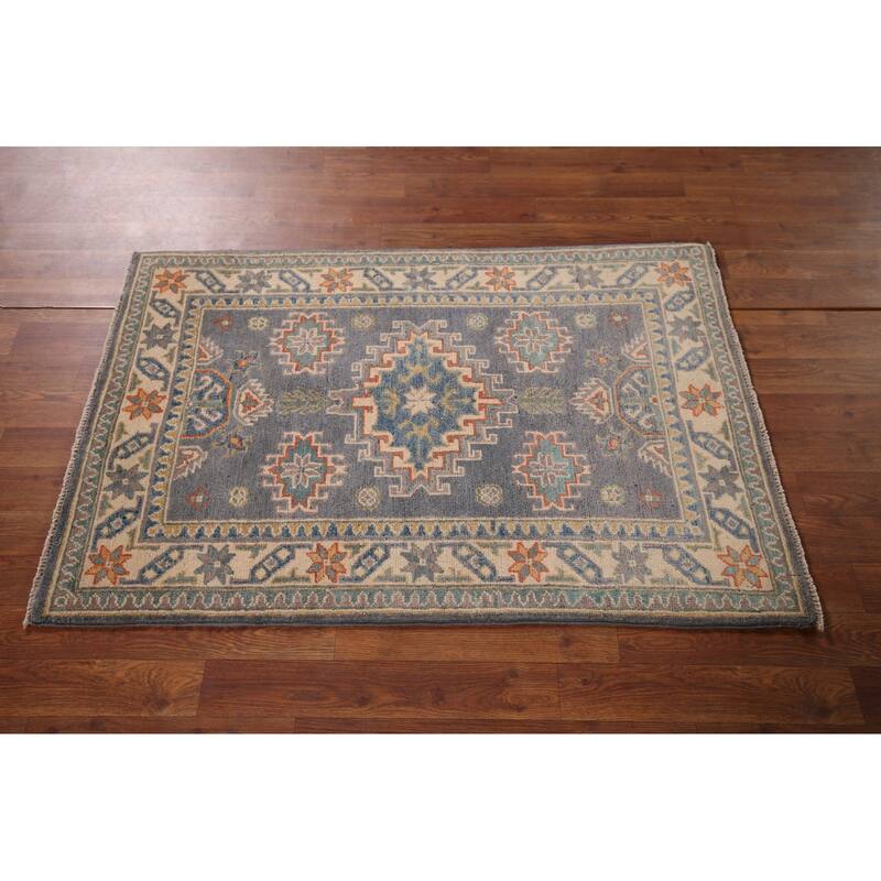 Gray Geometric Kazak Accent Rug Hand-Knotted Foyer Wool Carpet - 2'8" x 4'1"