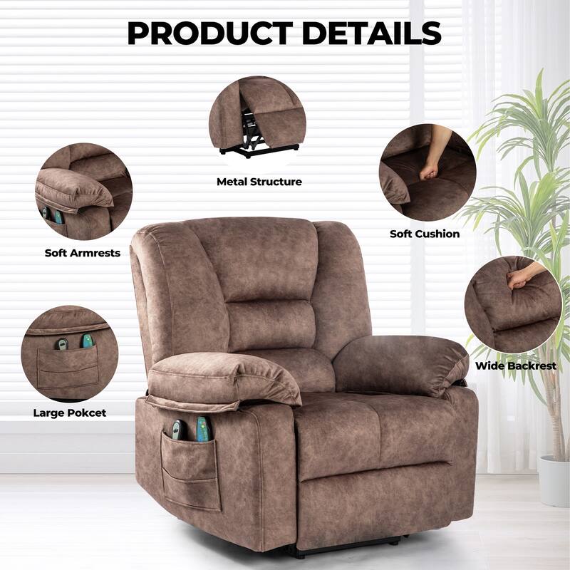 Brown Velvet Power Lift Recliner, Massage, Heated, Pockets, 8-Point