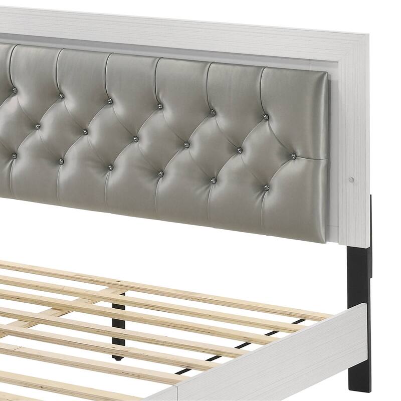 Contemporary Queen Bed with Tufted LED Headboard, Durable Synthetic Leather, Sturdy Support Legs, Easy Assembly.