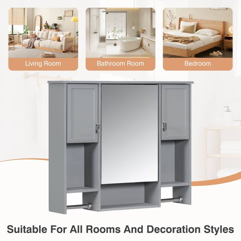 GDFStudio - Auburn Modern Wall-Mounted Bathroom Storage Cabinet with Mirror and Towels Bar - 35'' x 28''