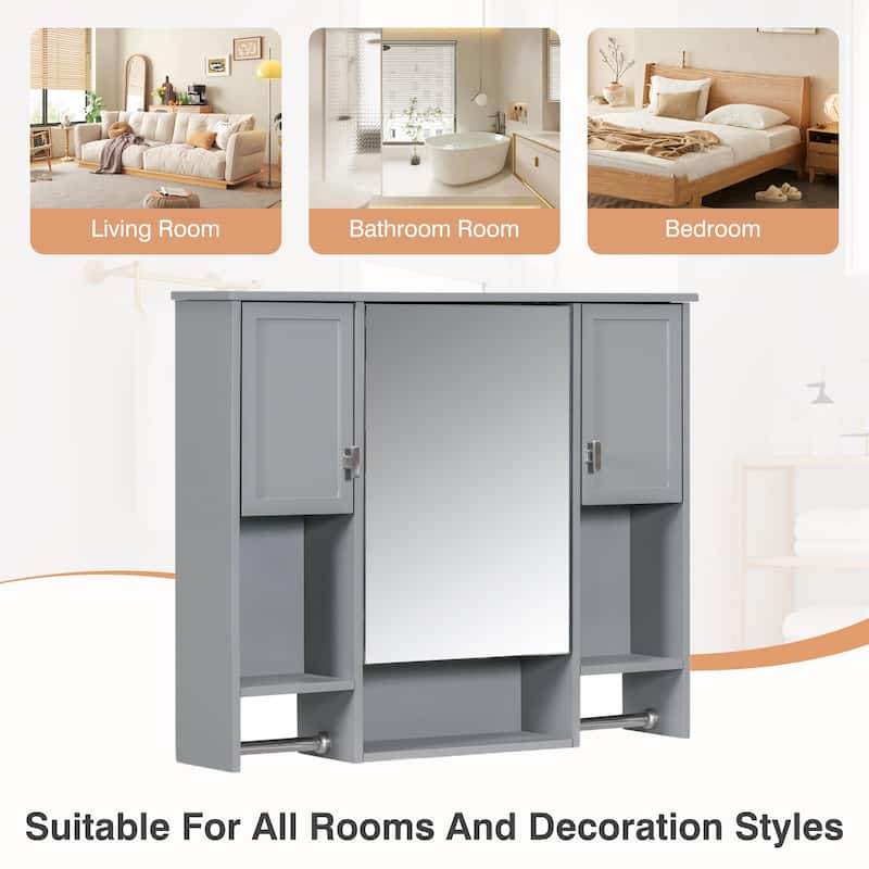 Modern 35" Bathroom Wall Cabinet with Mirror, Triple Doors, Hidden Storage and Towel Bar