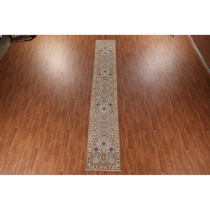 Geometric Kazak Runner Rug Hand-Knotted Grey Wool Carpet - 2'7" x 16'3"