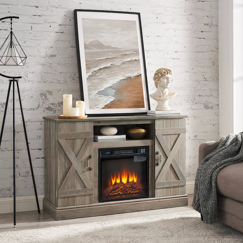 Farmhouse Classic Media TV Stand Antique Entertainment Console with 18" Electric Fireplace Insert for TV up to 50" with Open and