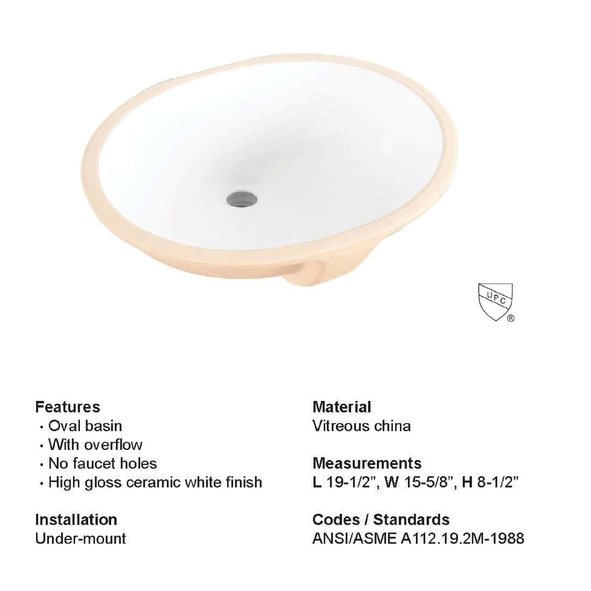 GhomeG 19x16 Undermountl Vessel Sink White Oval Porcelain Ceramic Lavatory Vanity Sink with Overflow Oval Bathroom Vessel Sink