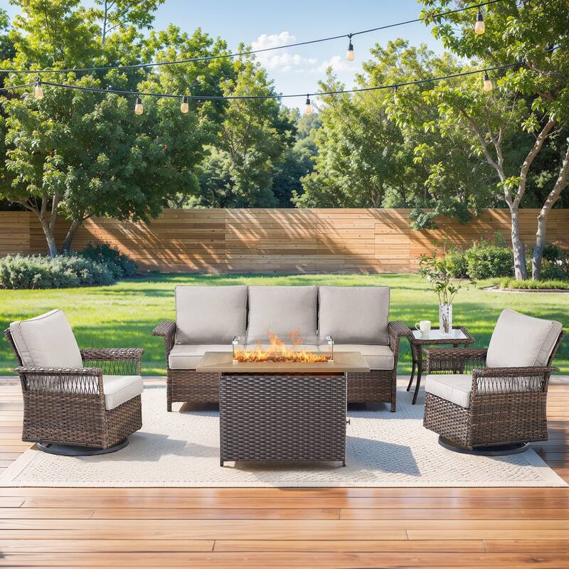 Pocassy 41 in Fire Pit Table with Patio Sofa Chair Funiture - Brown Wicker Beige Cushion - 5-Piece Sofa Swivel Chair Table with Fire Table