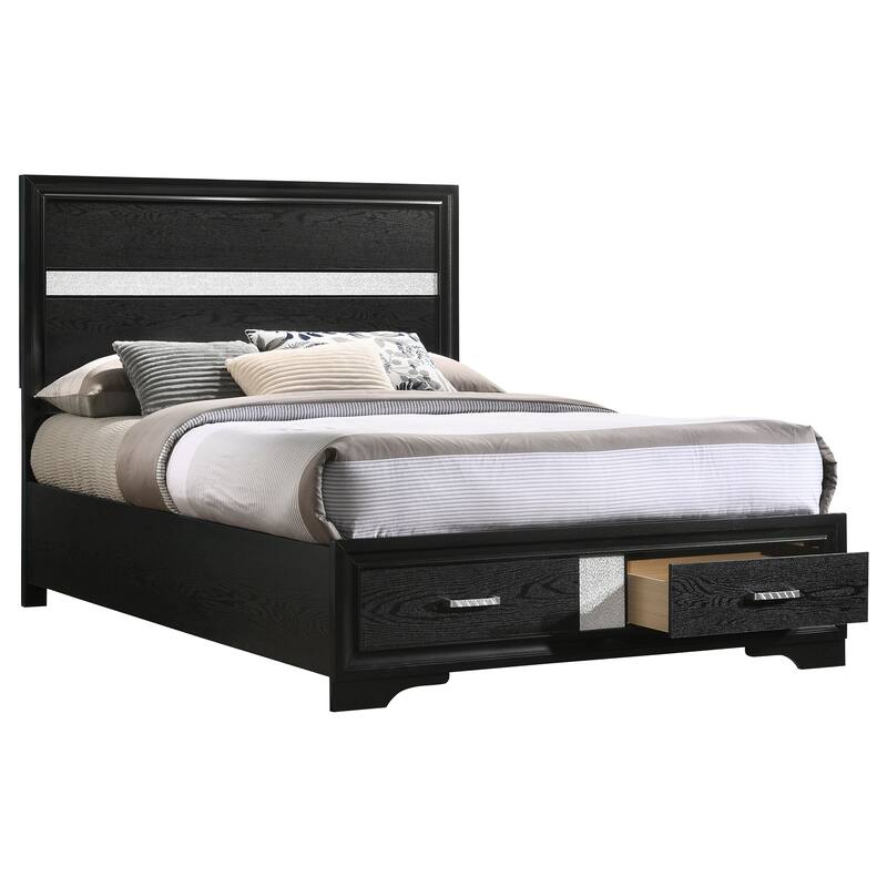 Full Storage Panel Bed with Integrated Drawers, Black Finish, and Crystal-Accented Pulls
