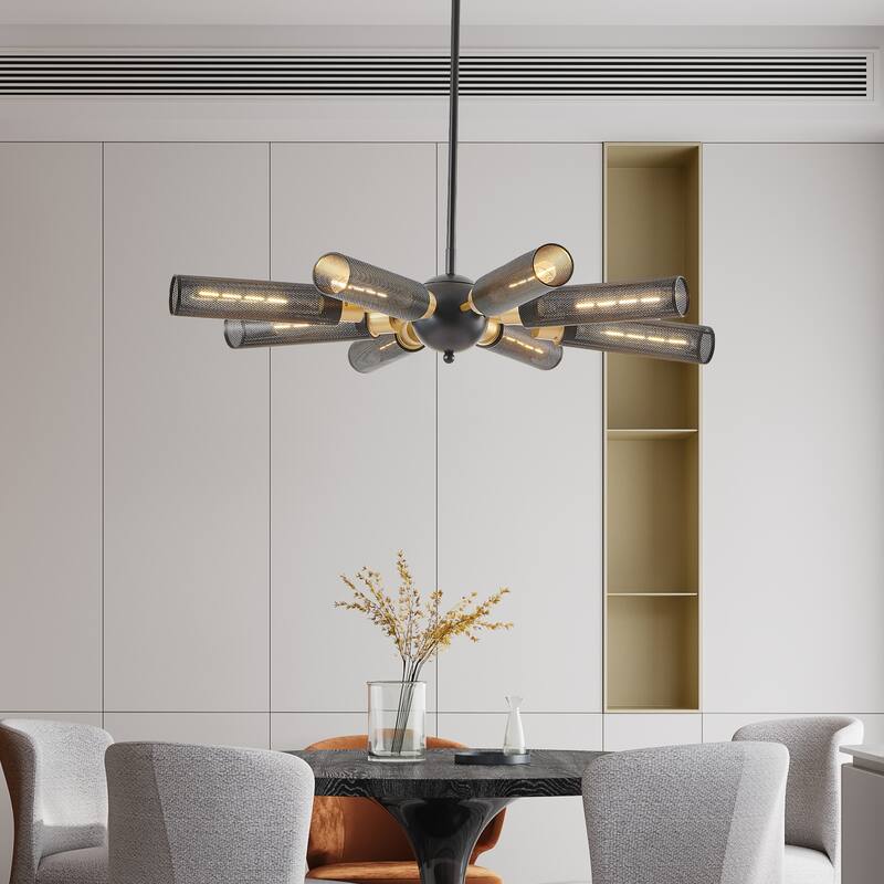 Modern Industrial Chandelier, 8-Light with Black and Gold Pendant Light Mesh Shades, for Dining Room, Living Room